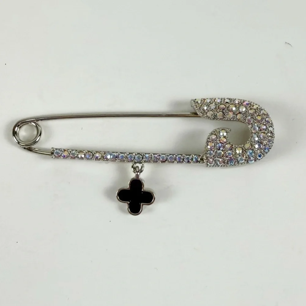 Fashion Jewelry Rhinestone Pin Brooch Silver Tone Black Flower Dangle - Picture 1 of 5